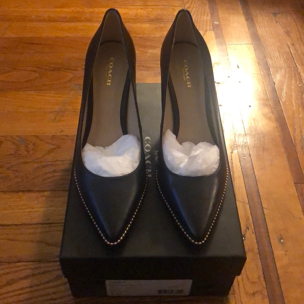 COACH Gold Beaded Black Leather Pump